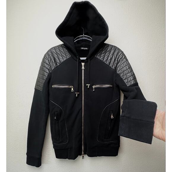 Balmain Other - FUC Balmain Black Moto Hoodie Jacket Quilted Leather Shoulder Zip Sweatshirt M